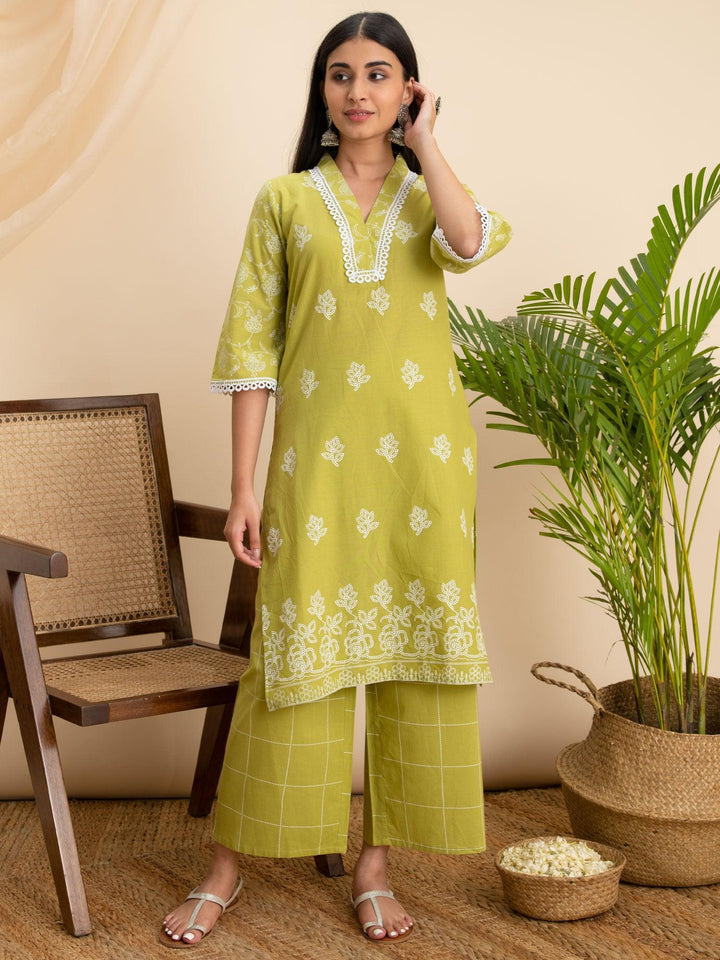 Green Printed Cotton Kurta