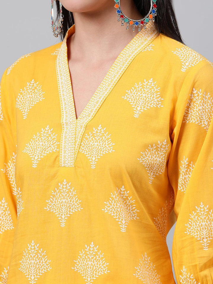 Yellow Printed Cotton Kurta