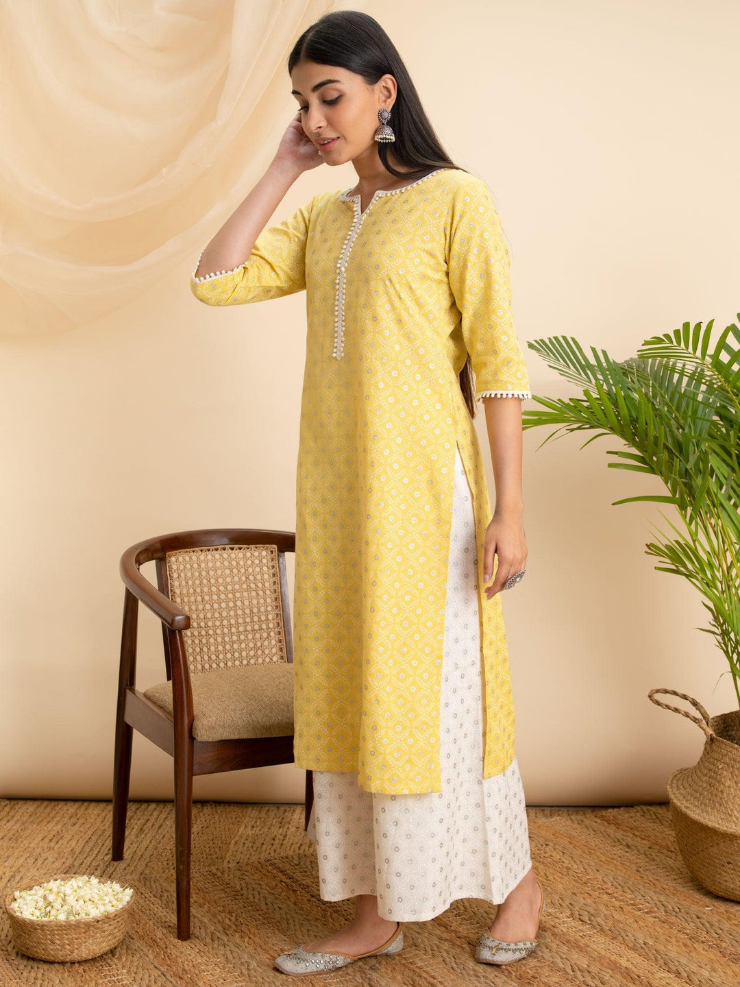 Yellow Printed Cotton Kurta - ShopLibas