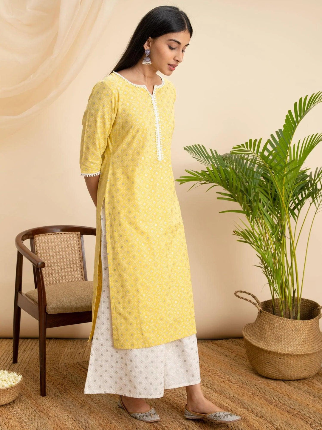 Yellow Printed Cotton Kurta - ShopLibas