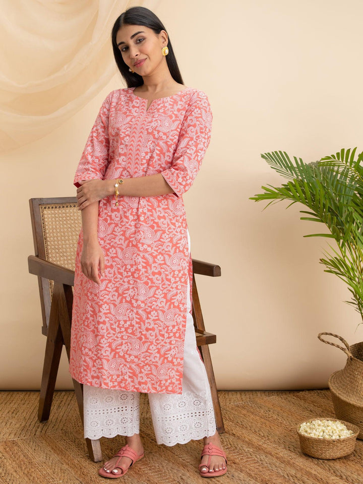 Pink Printed Cotton Kurta