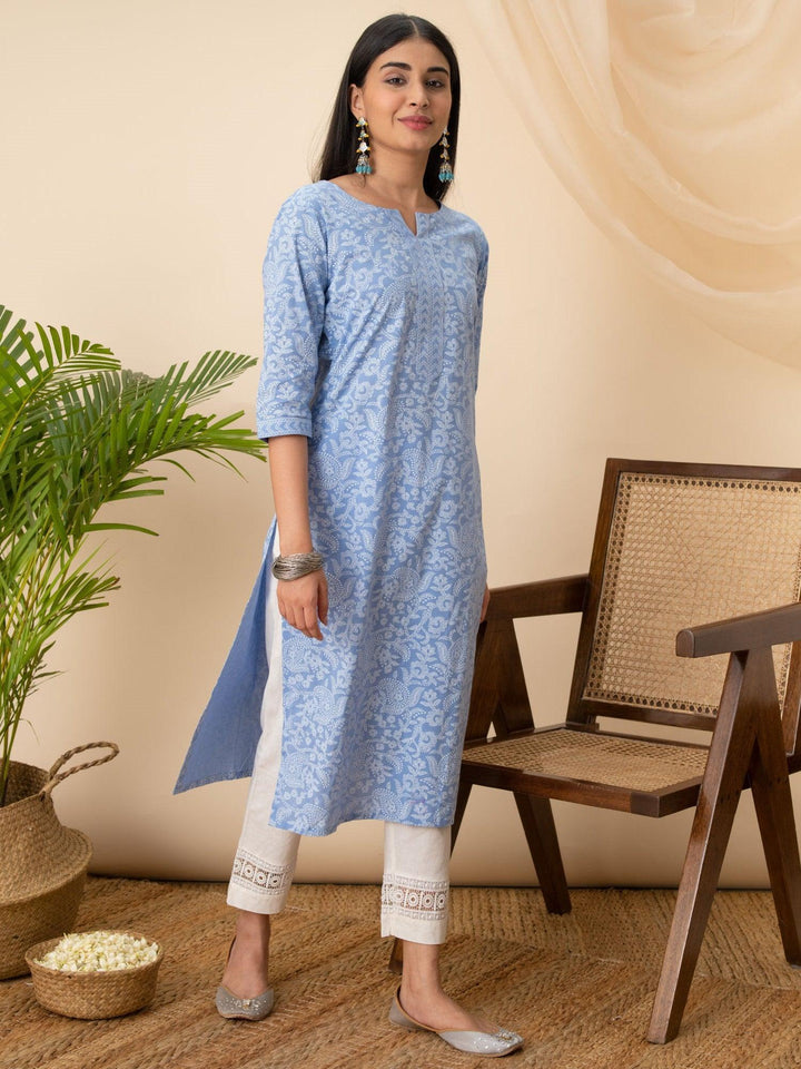 Blue Printed Cotton Kurta