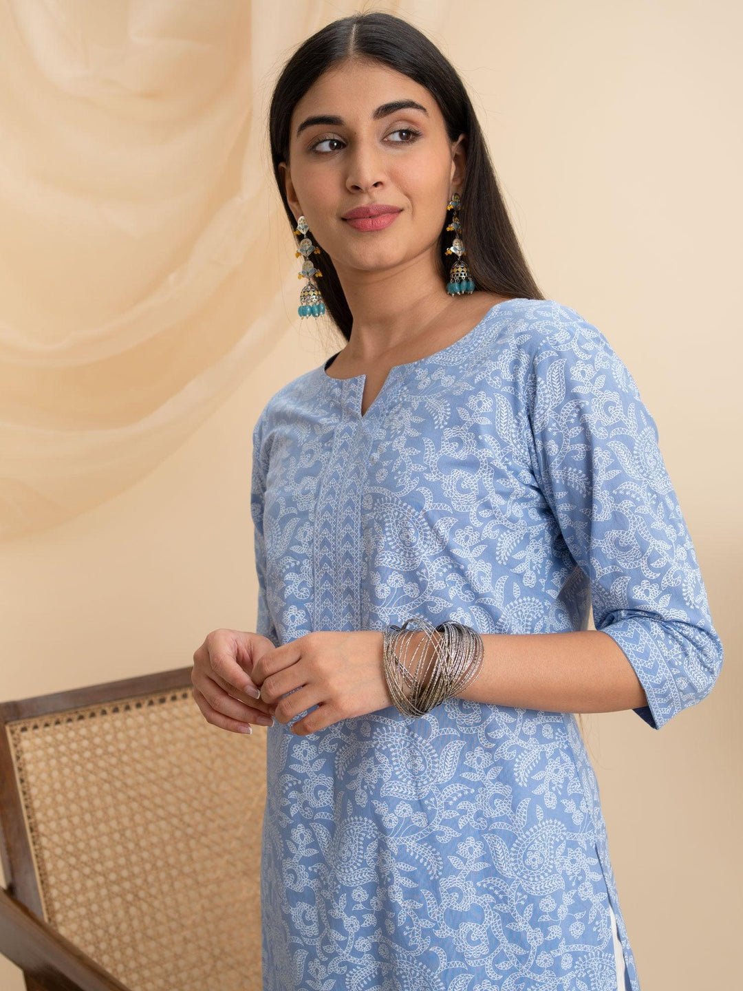Blue Printed Cotton Kurta - ShopLibas