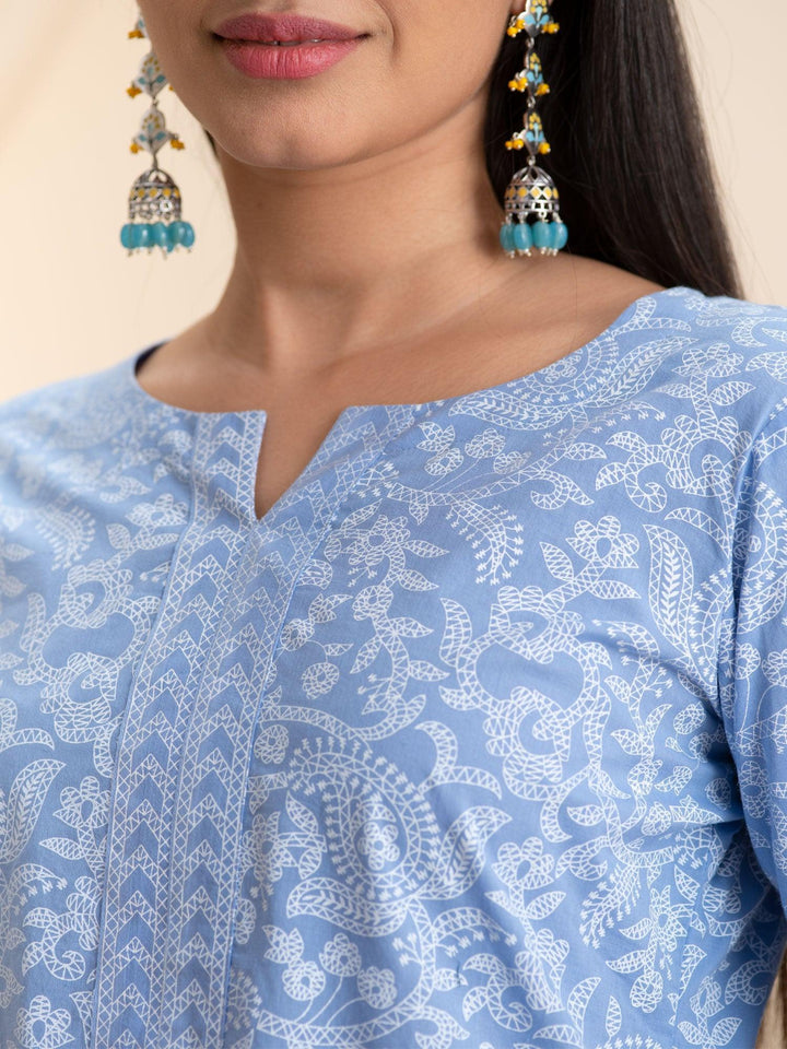Blue Printed Cotton Kurta