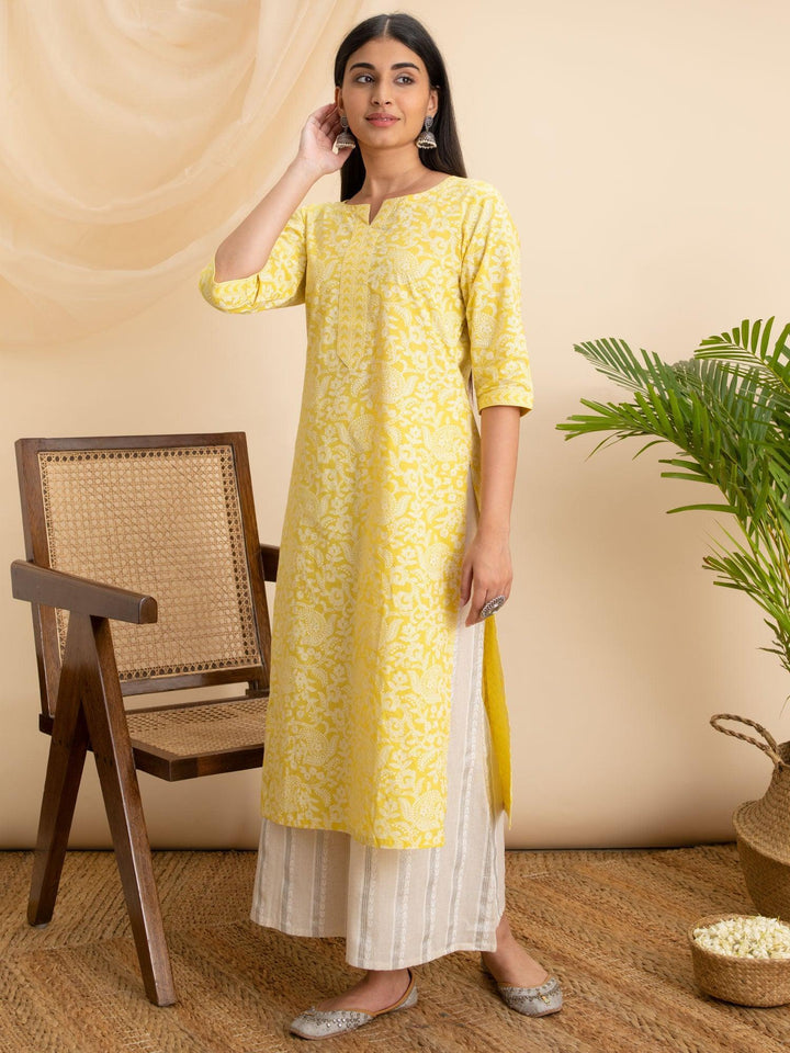 Yellow Printed Cotton Kurta