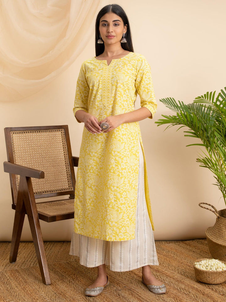 Yellow Printed Cotton Kurta