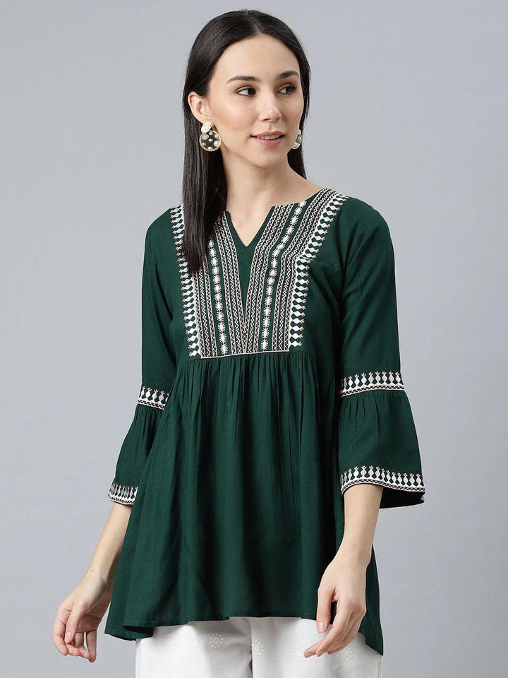 Green Embroidered Rayon Kurti