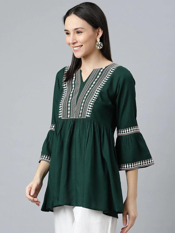 Green Embroidered Rayon Kurti