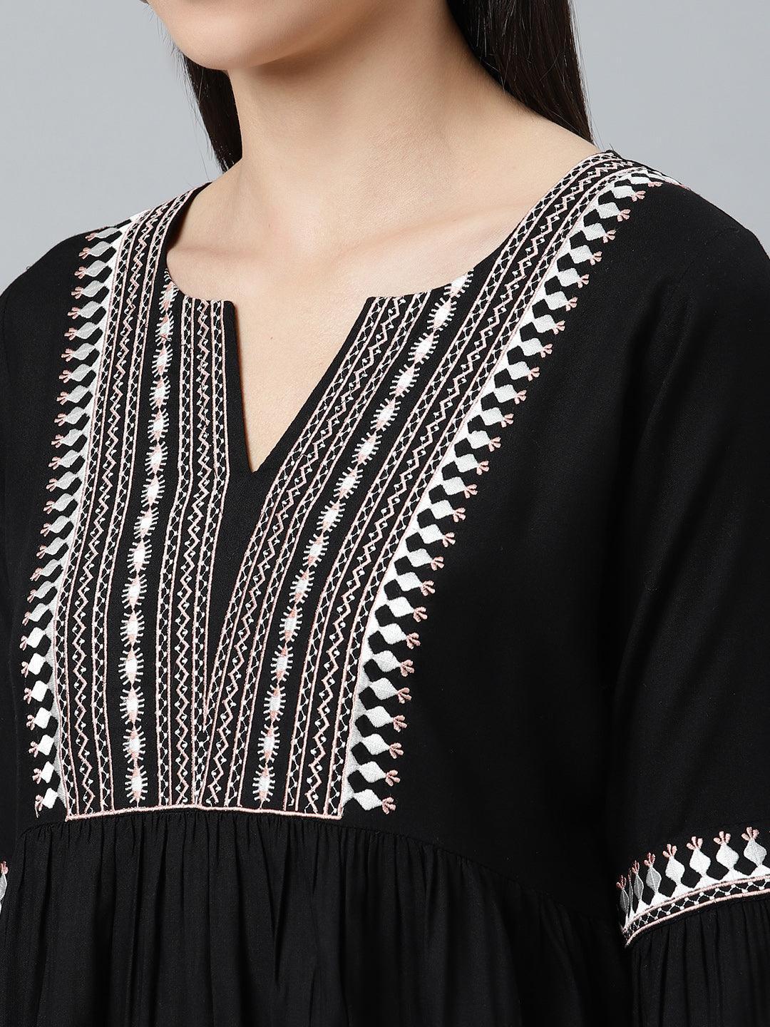 Black Embroidered Rayon Kurti - ShopLibas