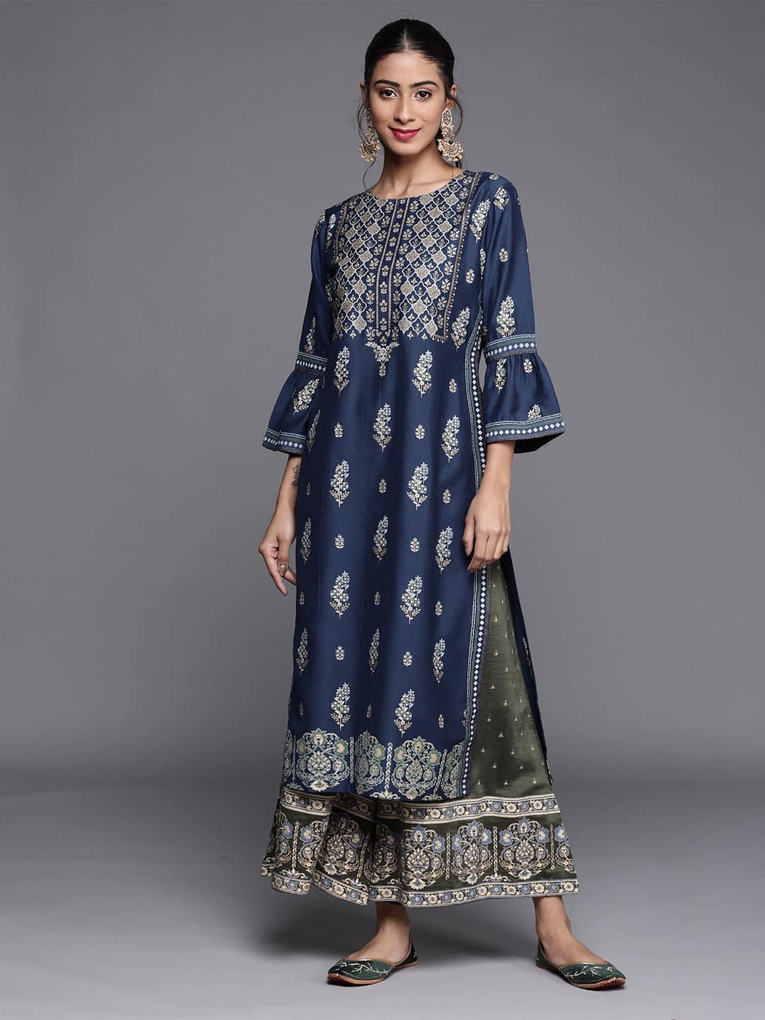 Blue Printed Chanderi Silk Kurta - ShopLibas