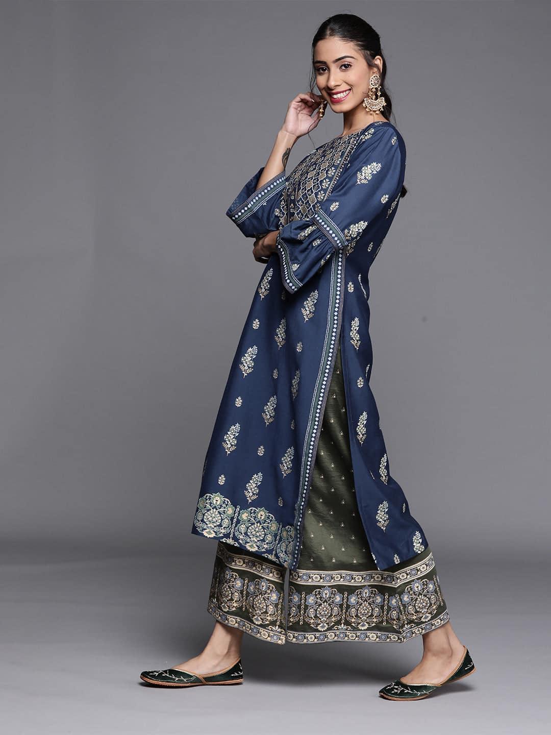 Blue Printed Chanderi Silk Kurta - ShopLibas