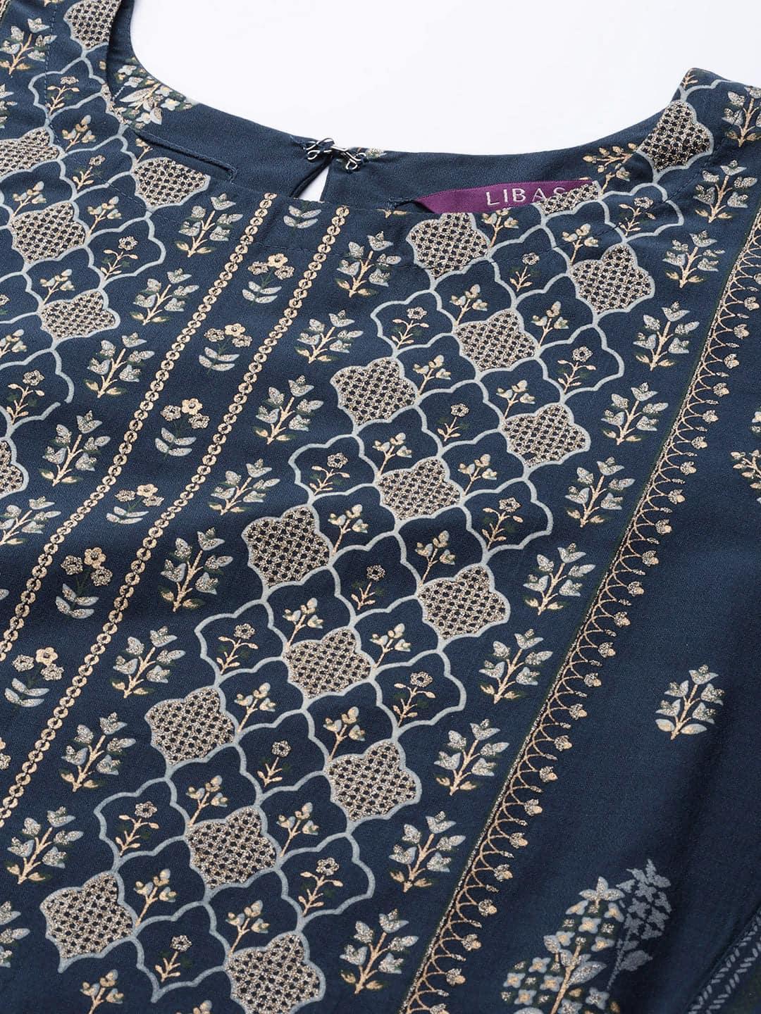 Blue Printed Chanderi Silk Kurta - ShopLibas
