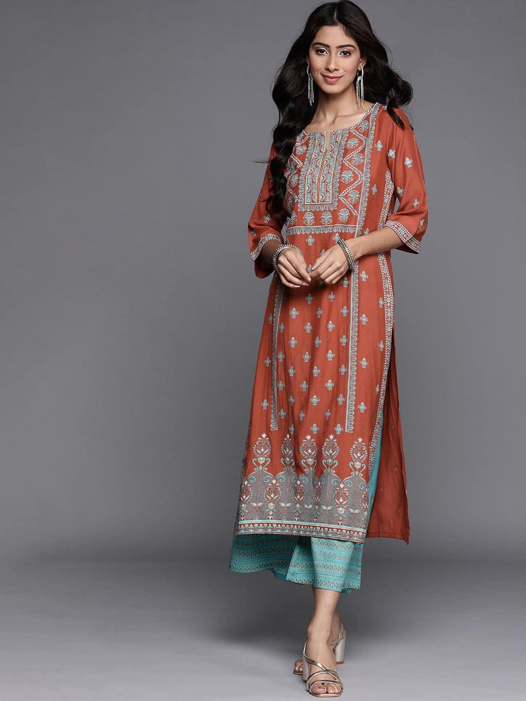 Rust Printed Chanderi Silk Kurta - ShopLibas