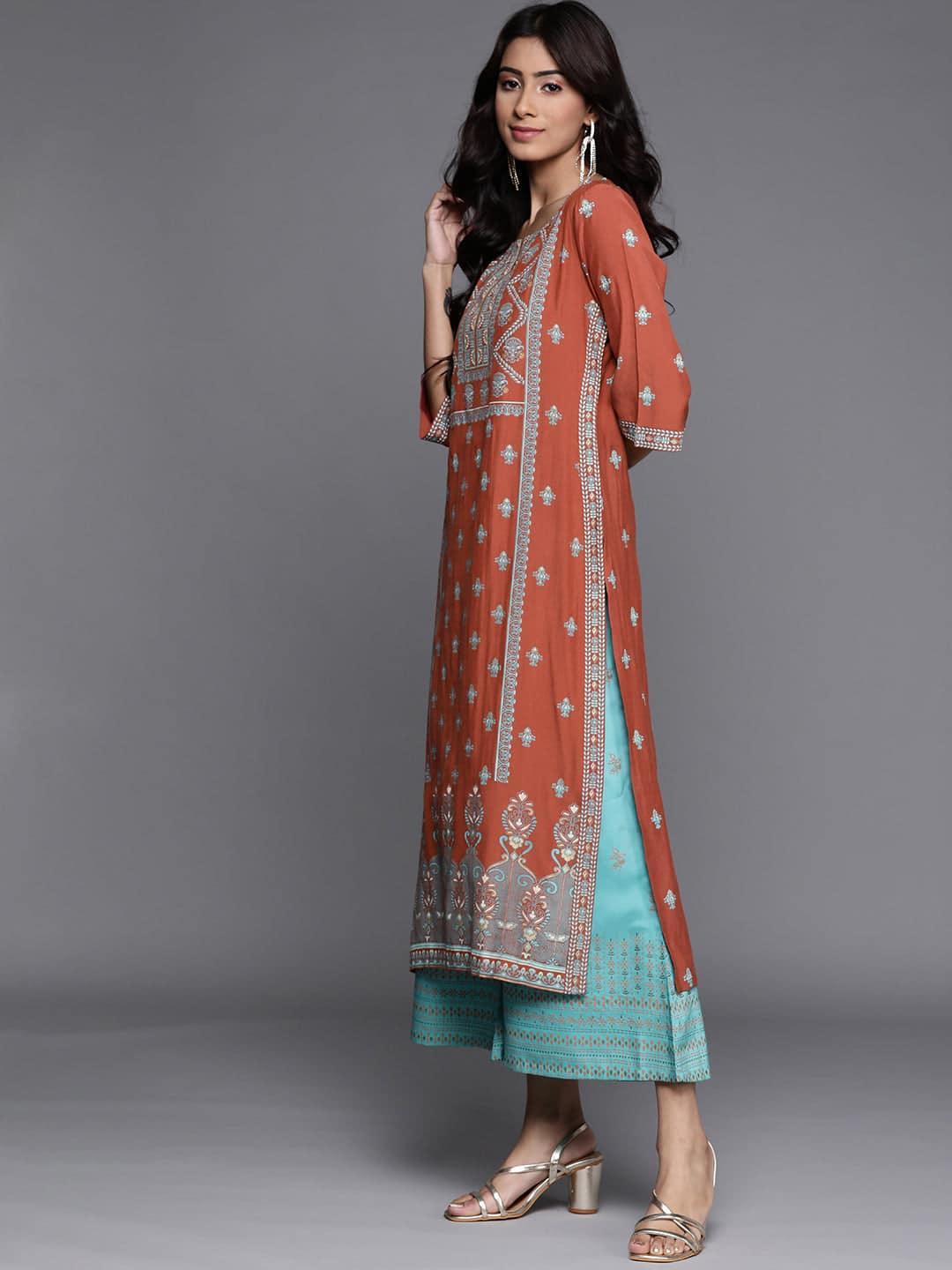 Rust Printed Chanderi Silk Kurta - ShopLibas