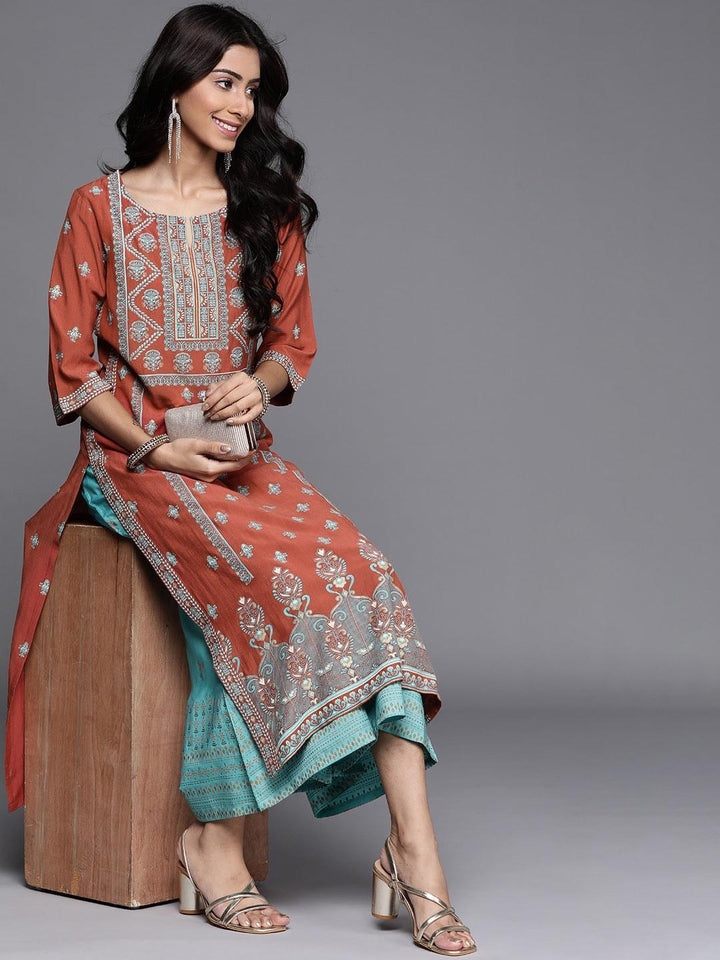 Rust Printed Chanderi Silk Kurta