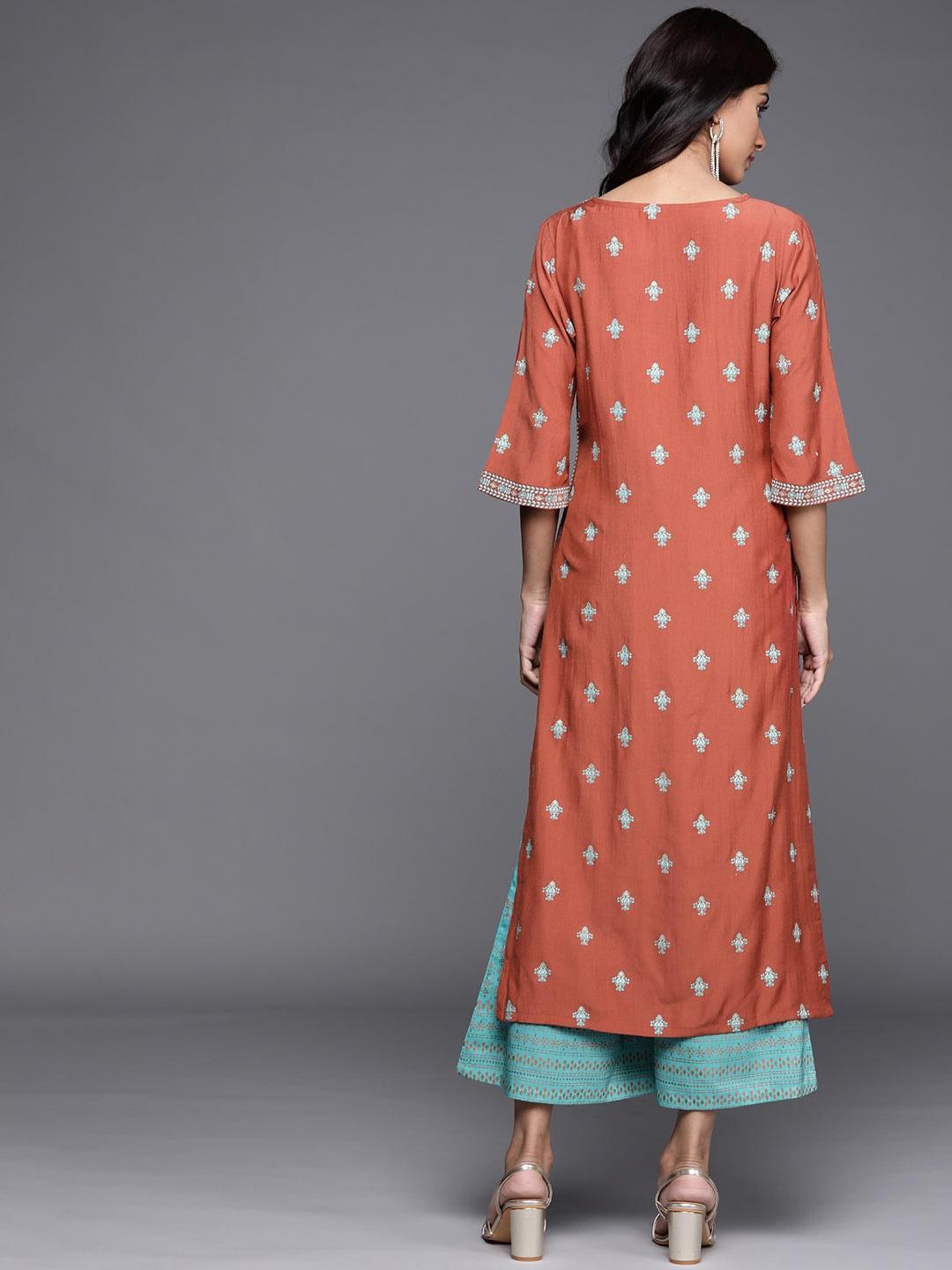 Rust Printed Chanderi Silk Kurta - ShopLibas