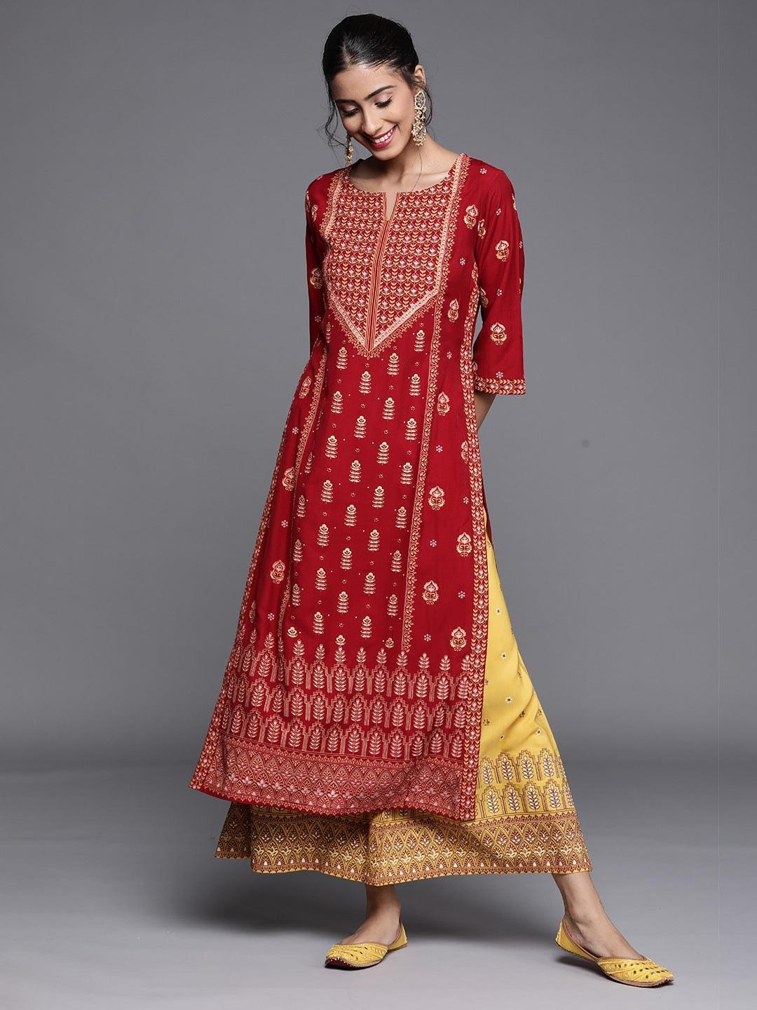 Maroon Printed Chanderi Silk Kurta - ShopLibas