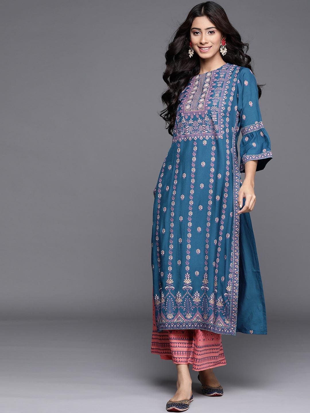 Blue Printed Chanderi Silk Kurta - ShopLibas