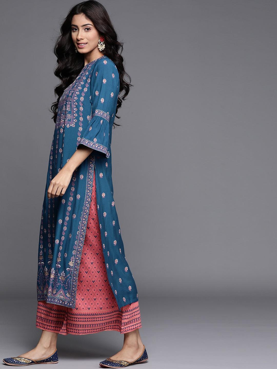 Blue Printed Chanderi Silk Kurta - ShopLibas