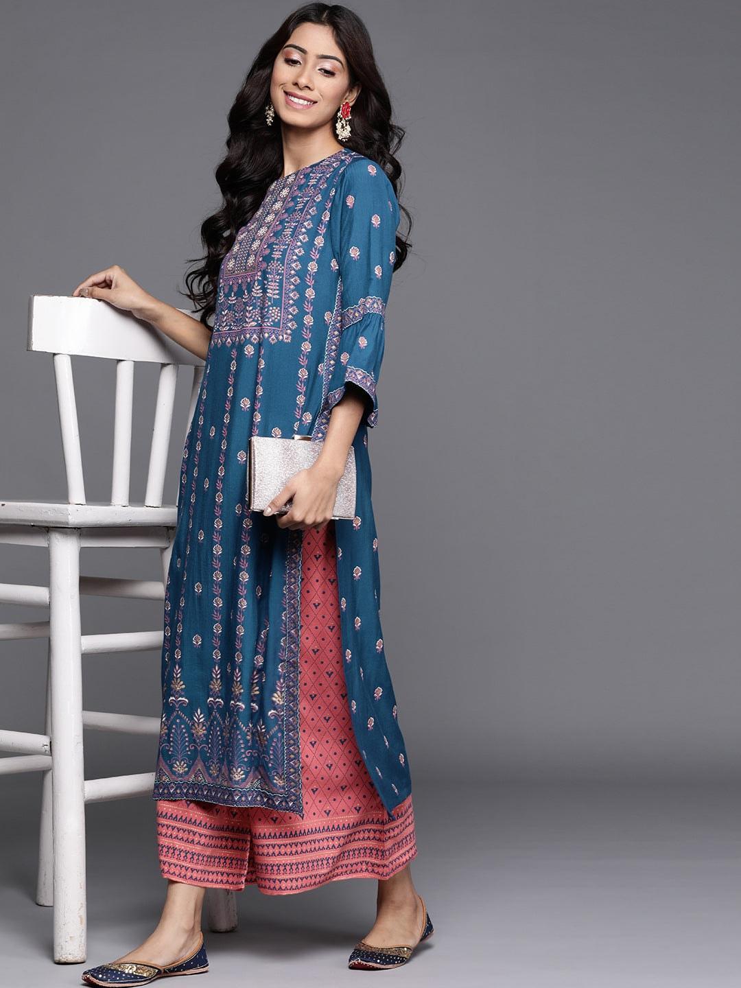 Blue Printed Chanderi Silk Kurta - ShopLibas