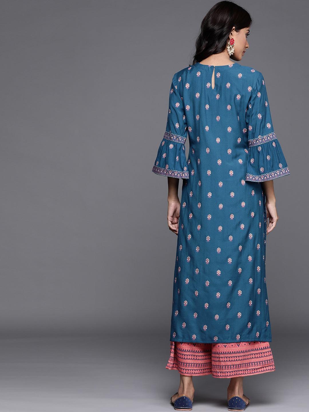 Blue Printed Chanderi Silk Kurta - ShopLibas