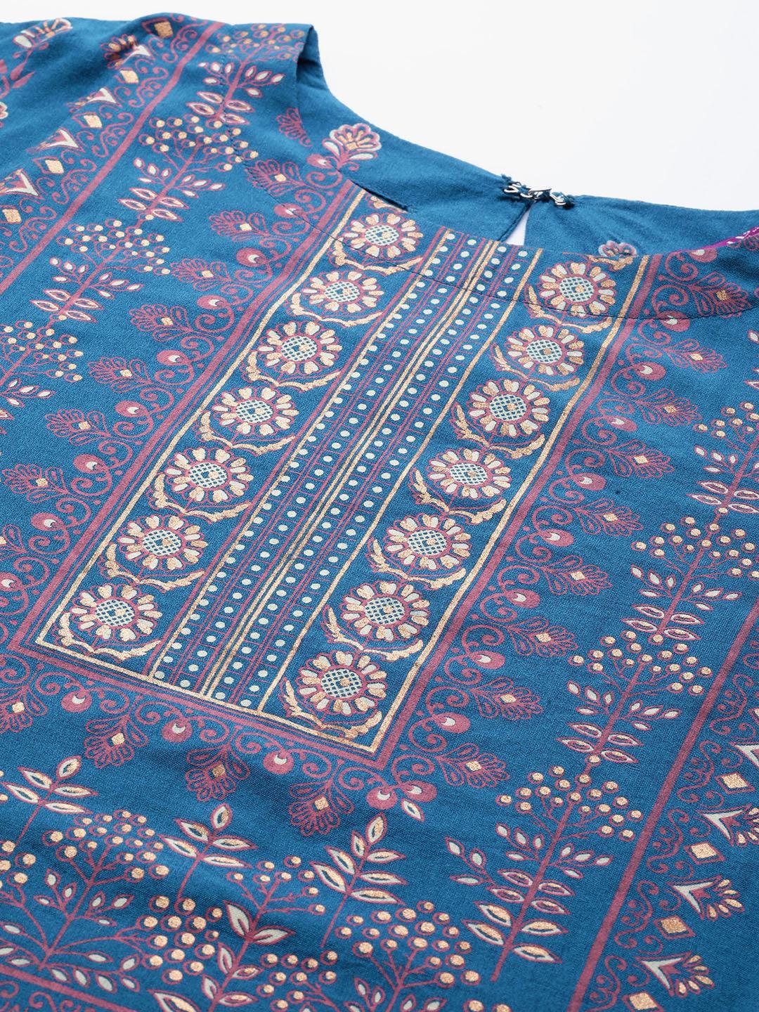 Blue Printed Chanderi Silk Kurta - ShopLibas