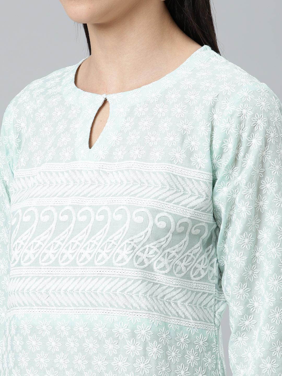 Blue Embroidered Cotton Kurta - ShopLibas