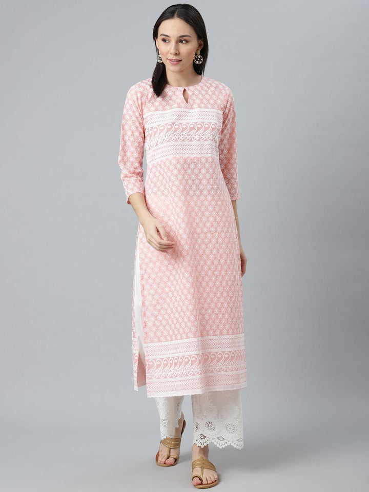 Pink Embroidered Cotton Kurta