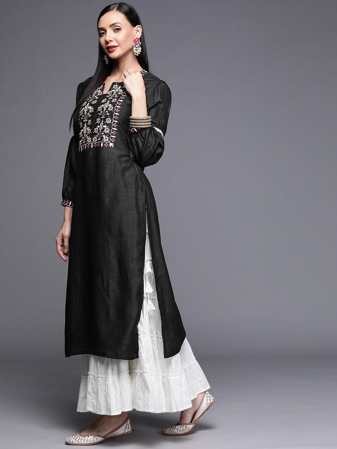 Black Embroidered Chanderi Silk Kurta - ShopLibas