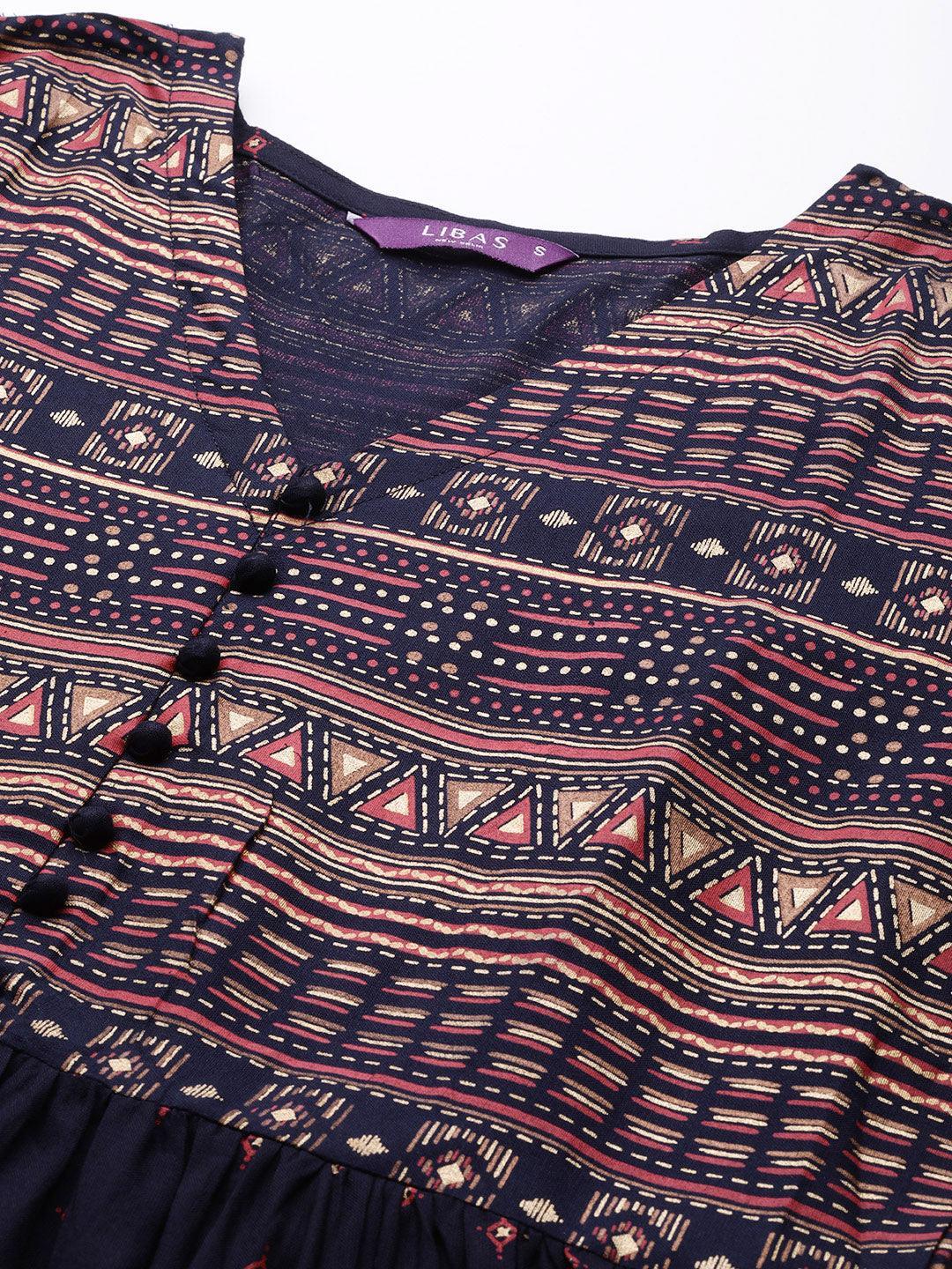 Blue Printed Rayon Dress - ShopLibas