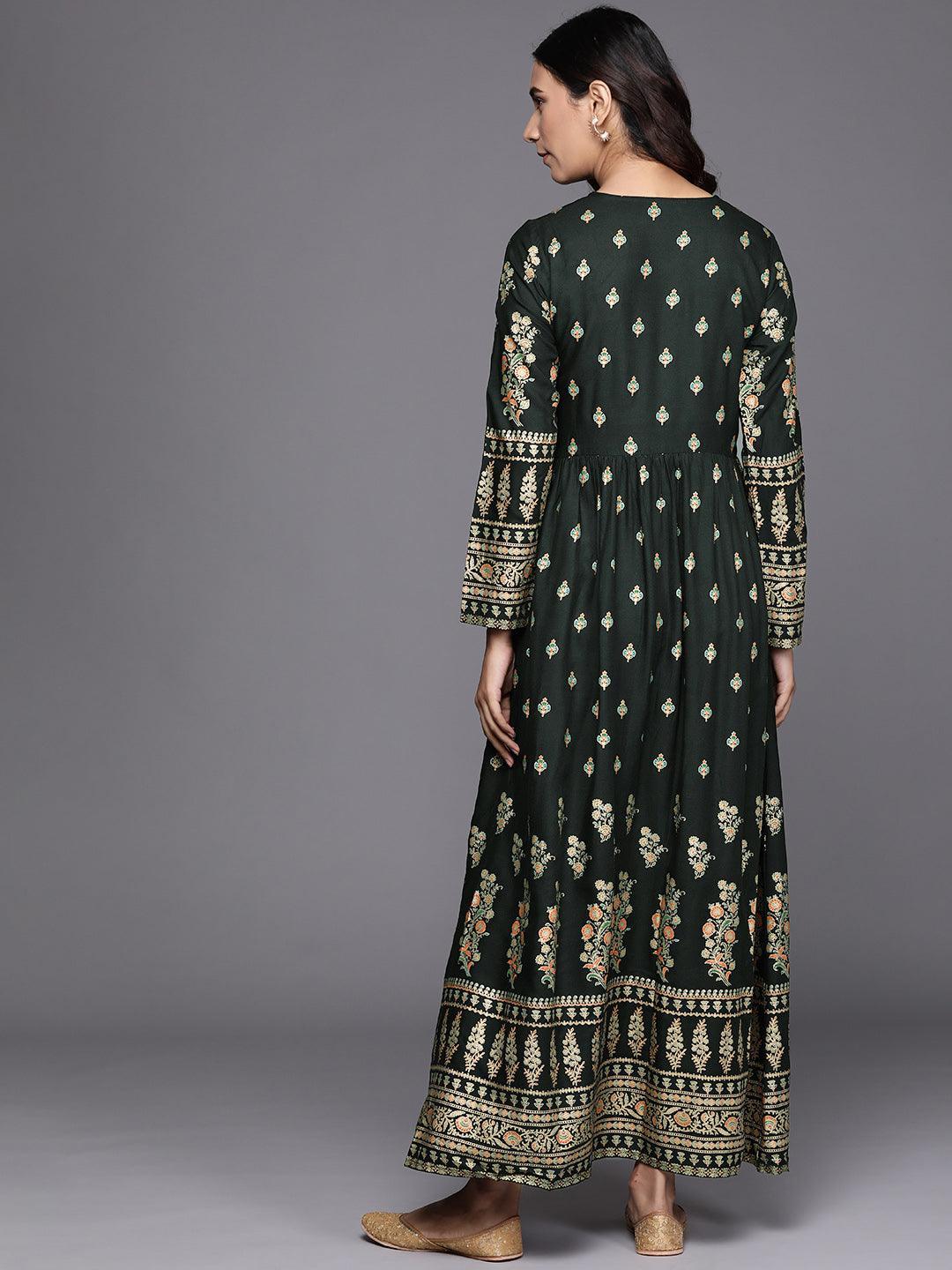 Green Printed Rayon Dress - ShopLibas