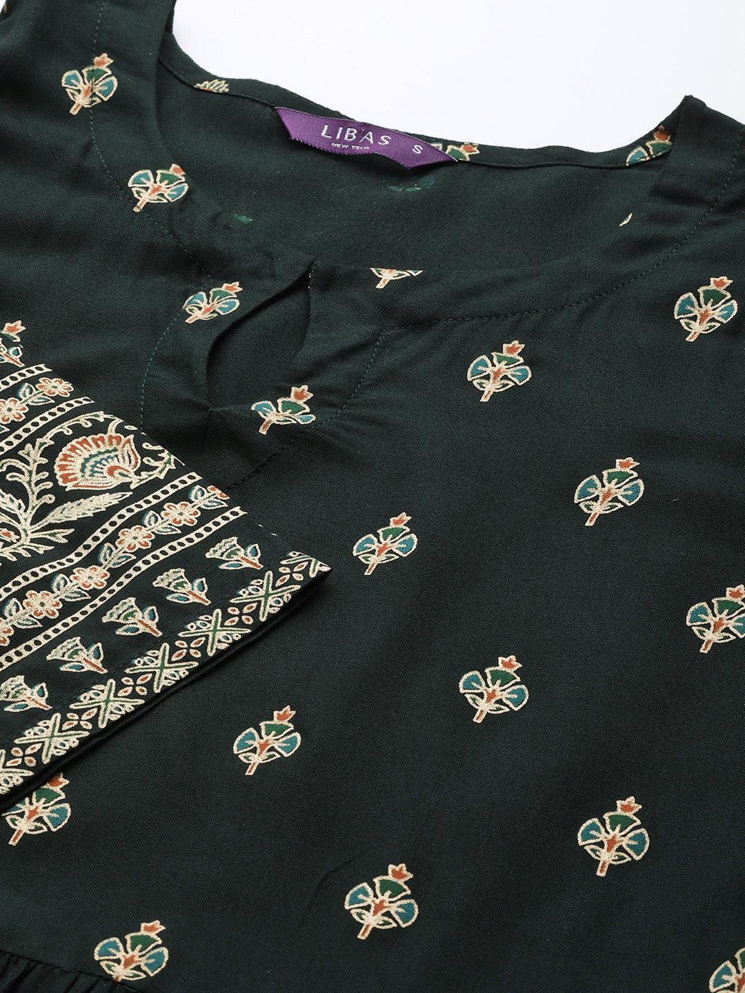 Green Printed Rayon Dress - ShopLibas