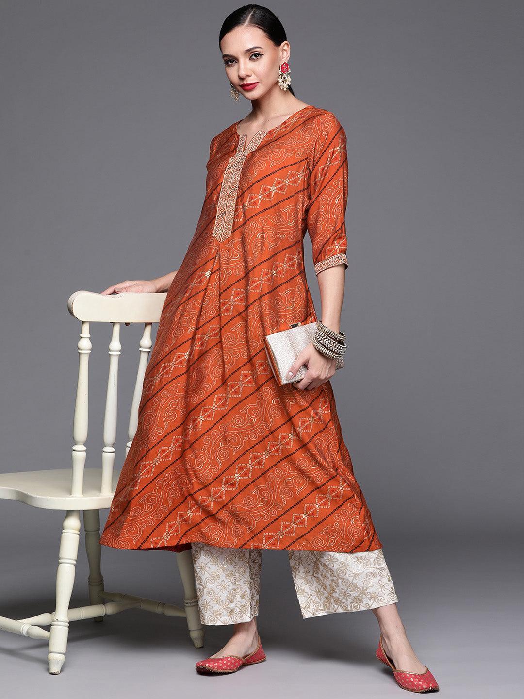 Orange Printed Chanderi Silk Kurta - ShopLibas