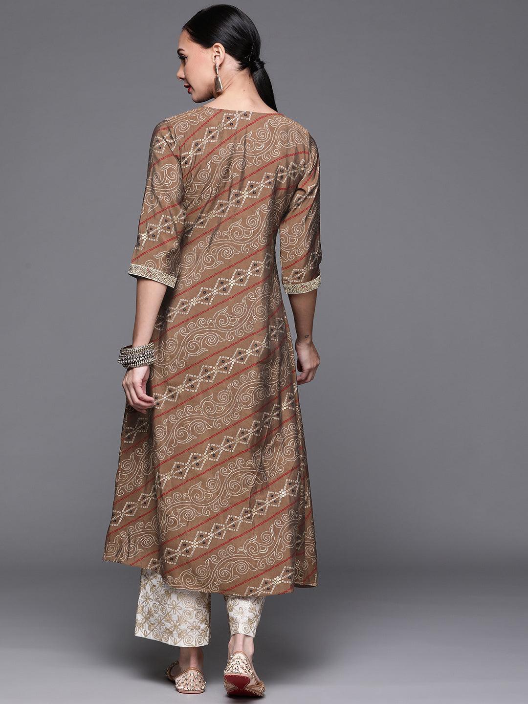 Brown Printed Chanderi Silk Kurta - ShopLibas