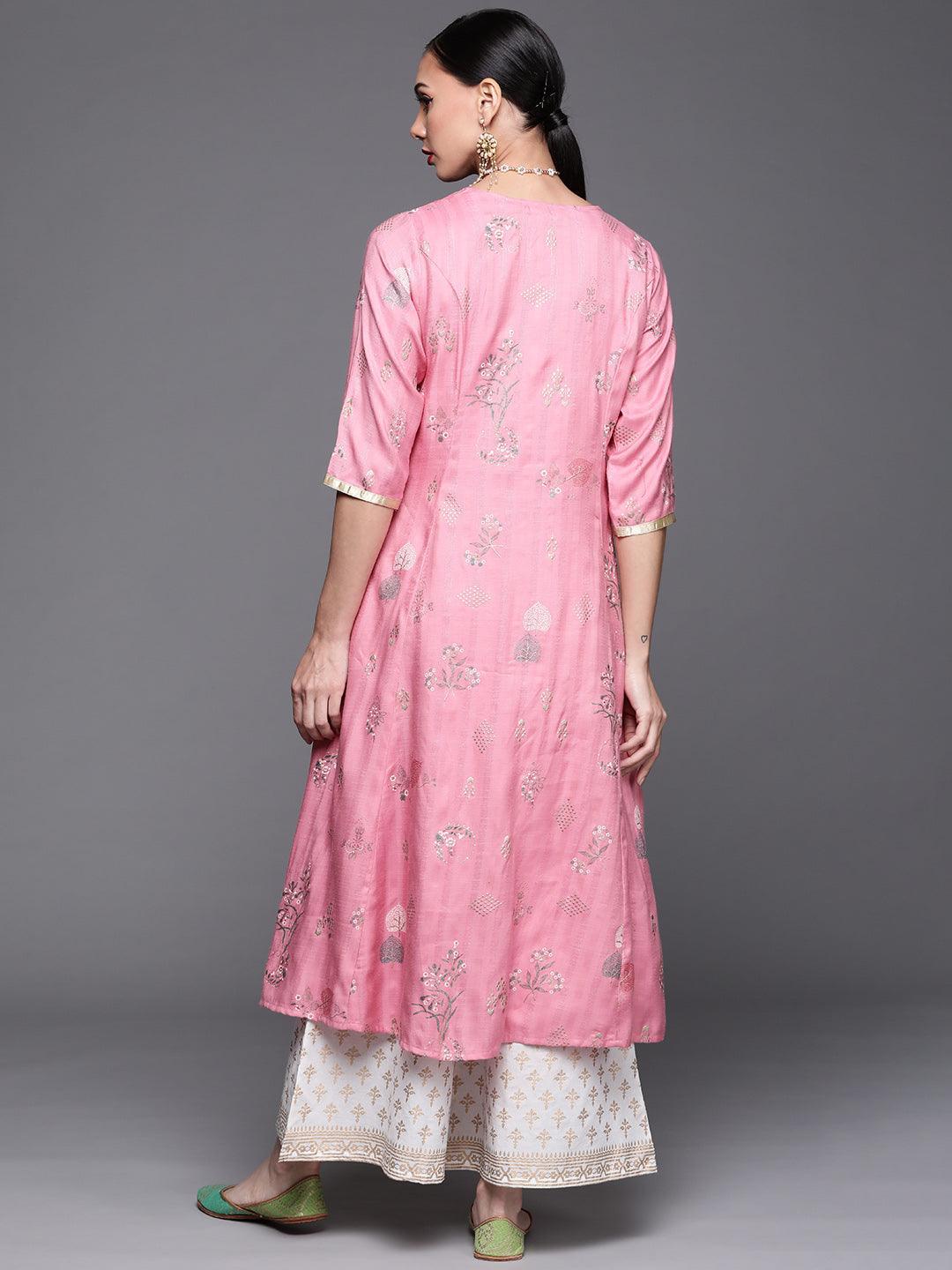 Pink Printed Cotton Silk Kurta - ShopLibas