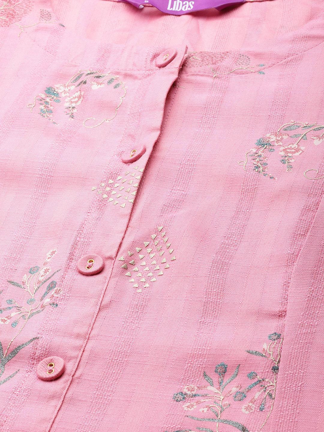 Pink Printed Cotton Silk Kurta - ShopLibas