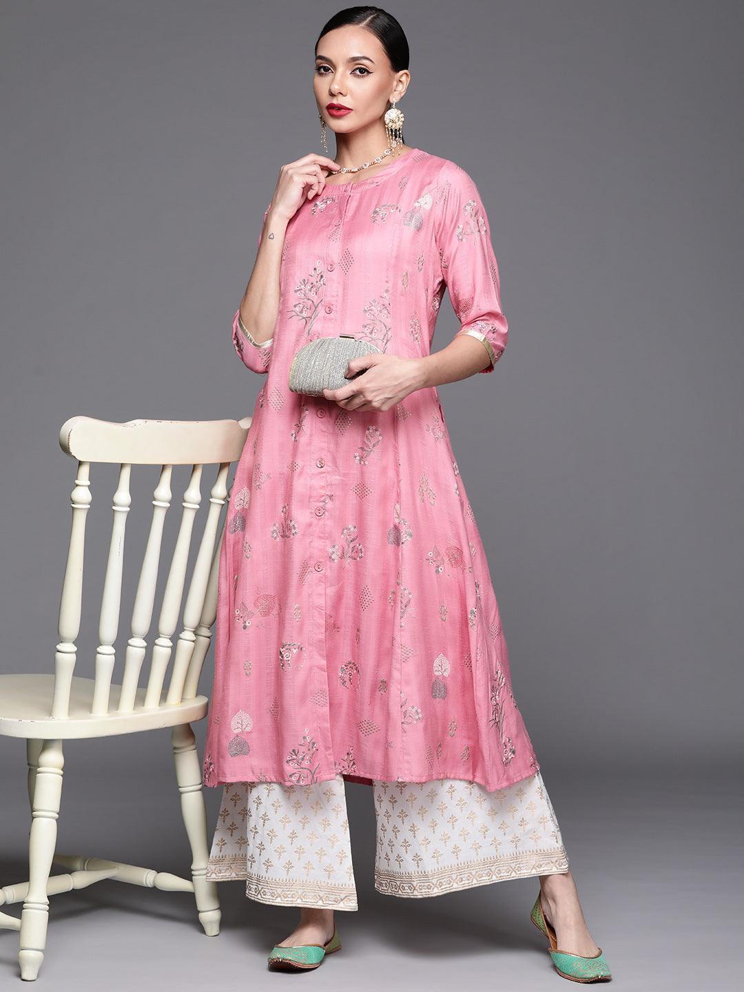 Pink Printed Cotton Silk Kurta - ShopLibas