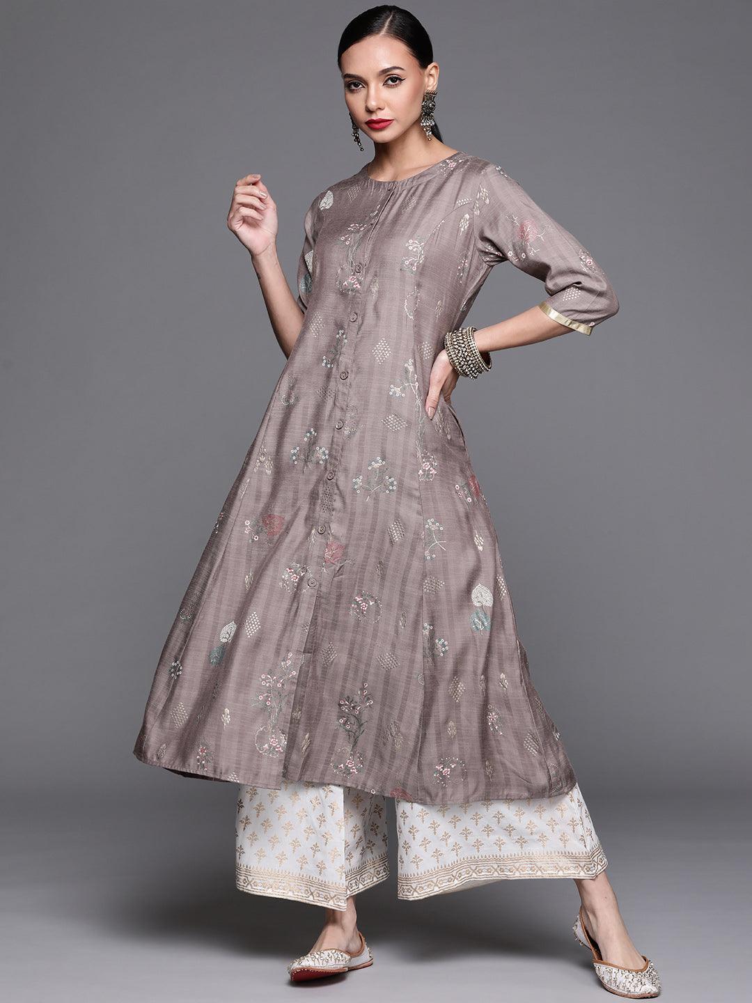 Grey Printed Cotton Silk Kurta - ShopLibas