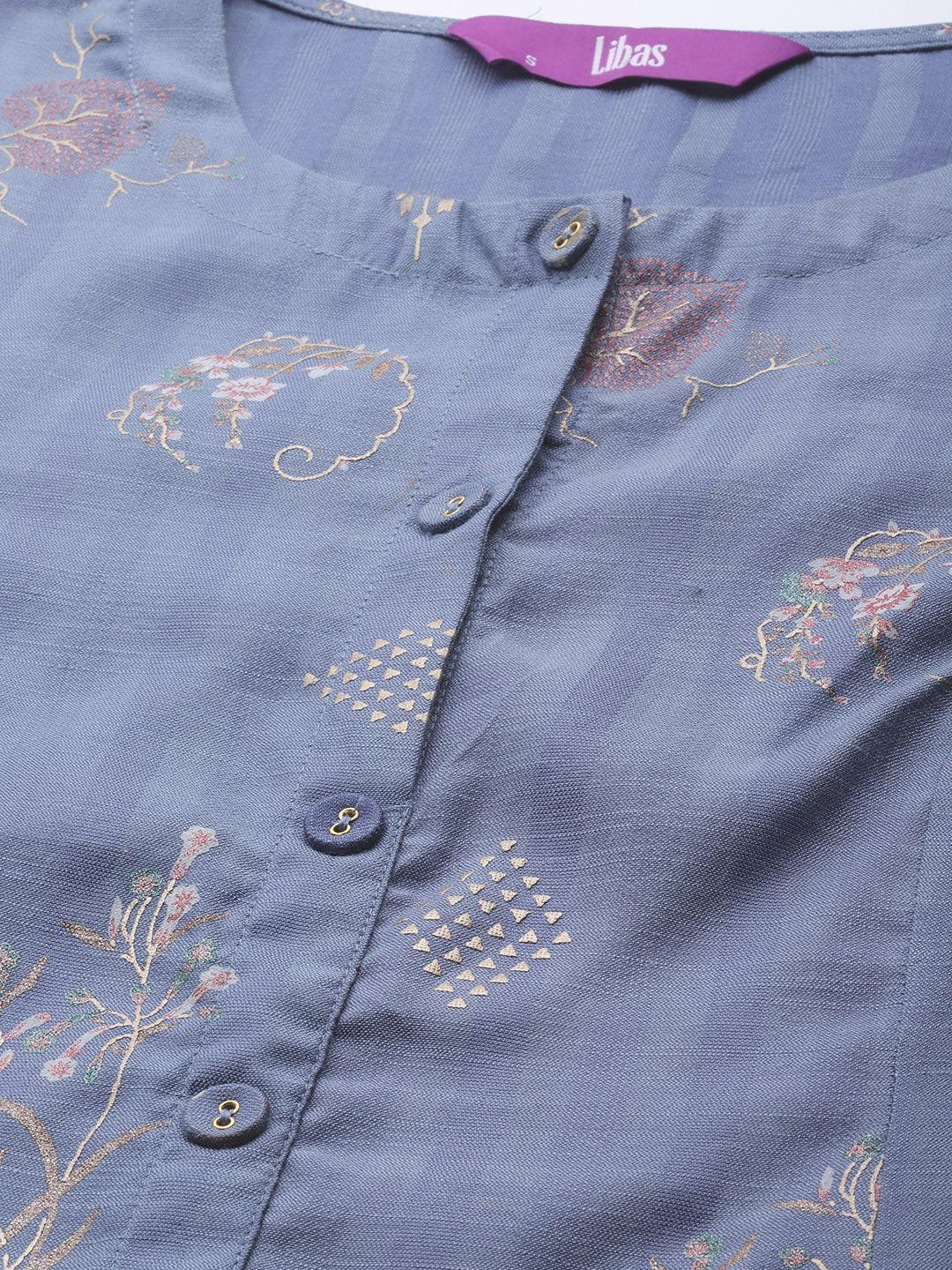 Blue Printed Cotton Silk Kurta - ShopLibas