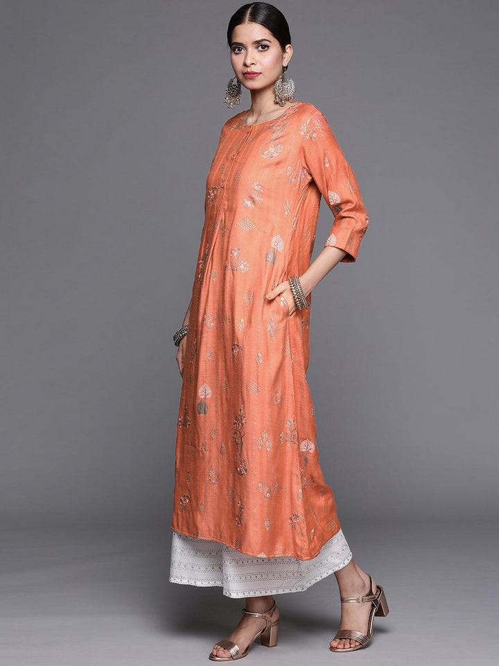 Orange Printed Cotton Silk Kurta