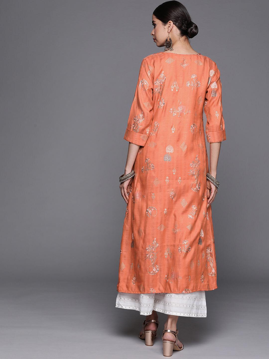 Orange Printed Cotton Silk Kurta - ShopLibas