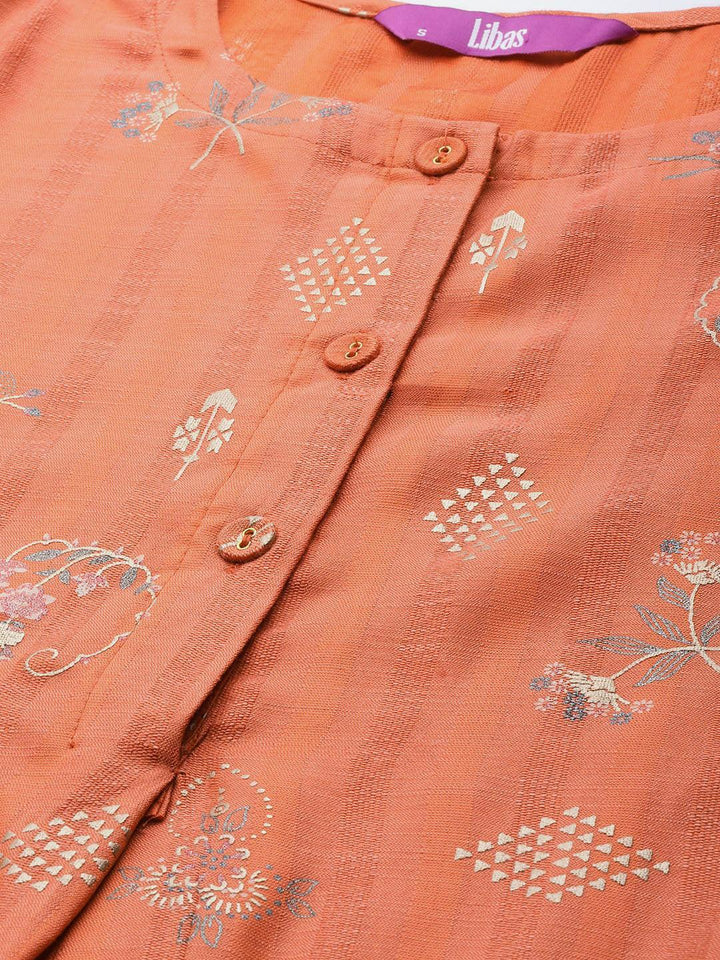 Orange Printed Cotton Silk Kurta