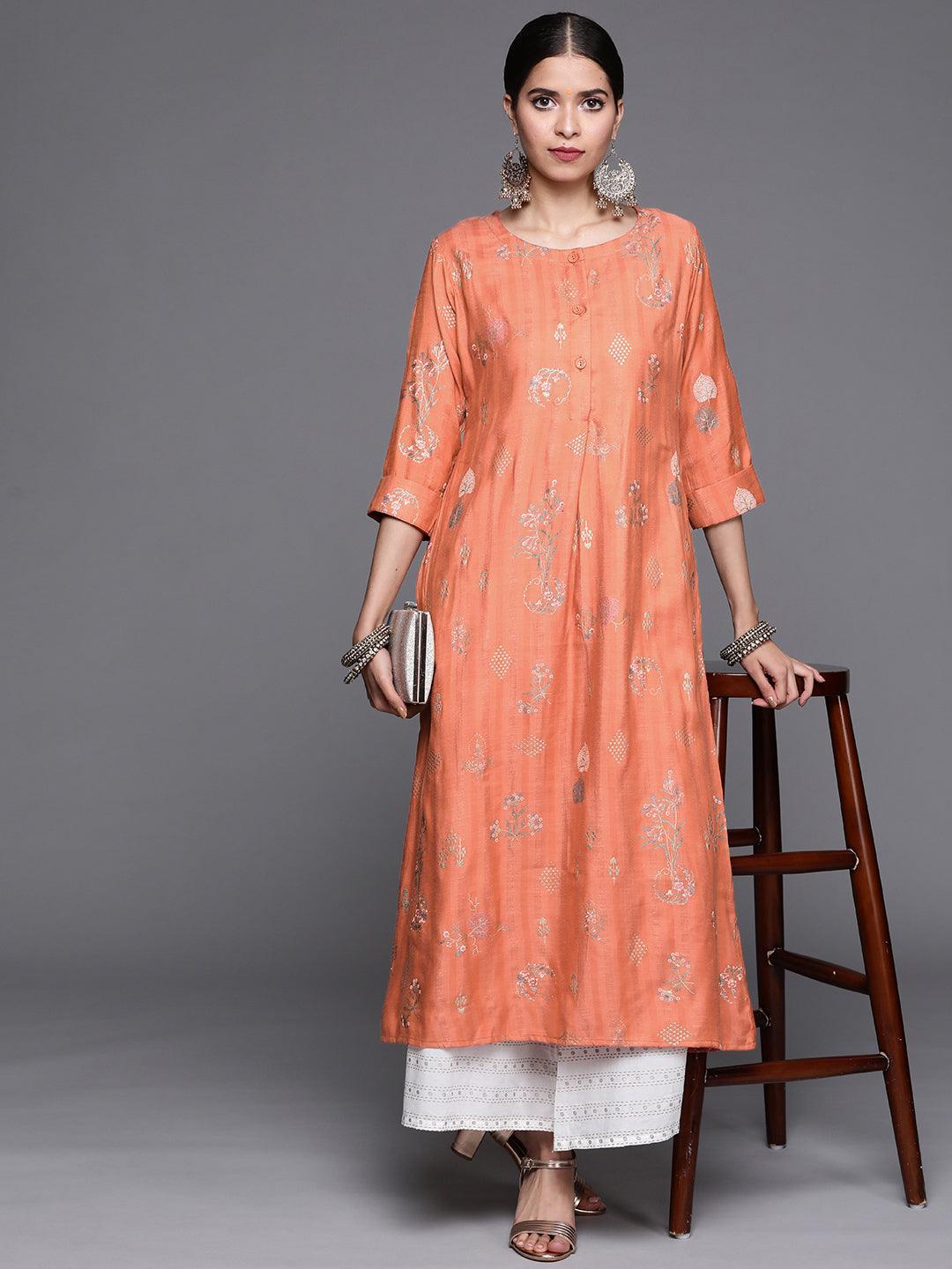 Orange Printed Cotton Silk Kurta - ShopLibas