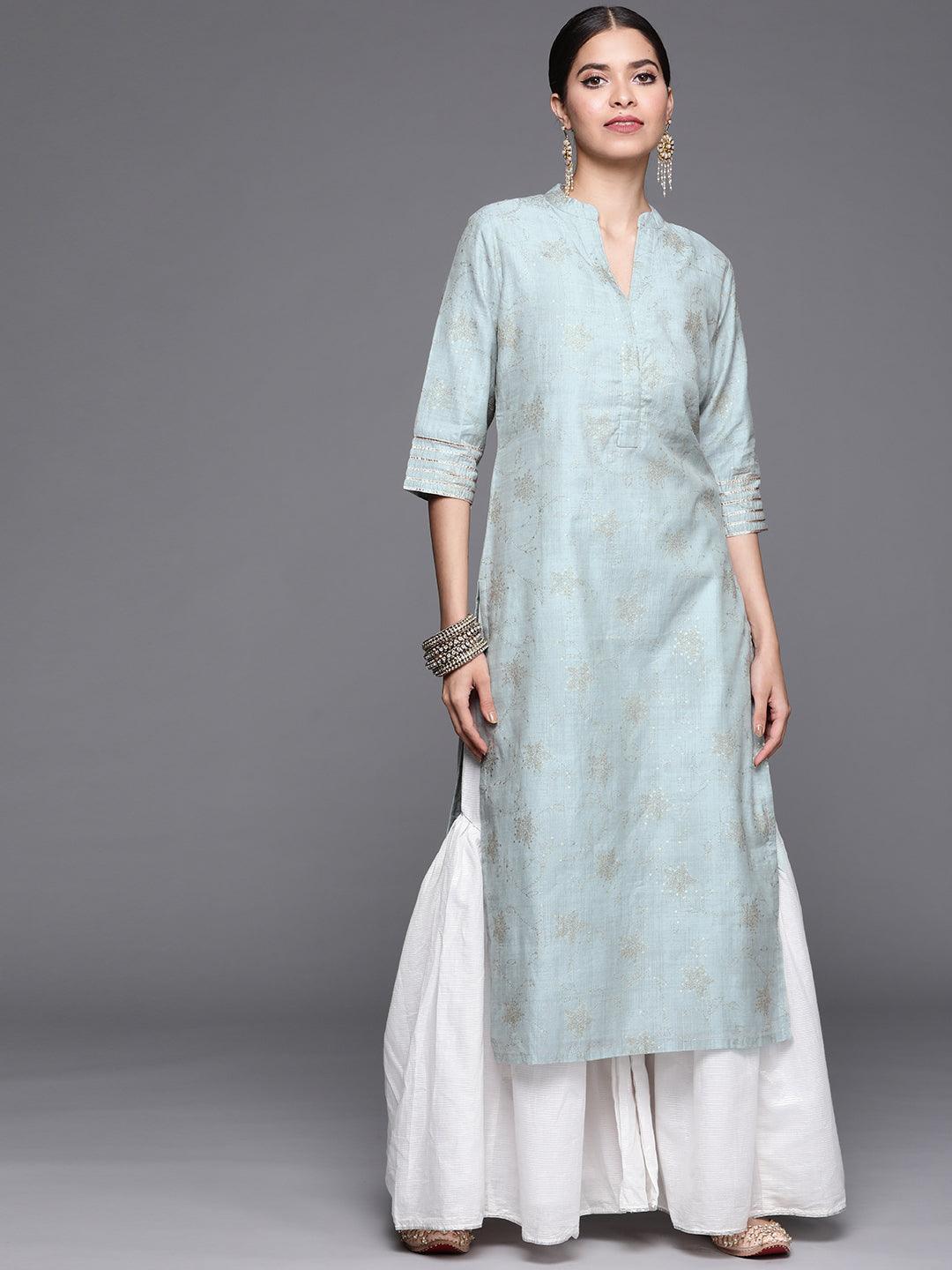 Grey Printed Chanderi Silk Kurta - ShopLibas