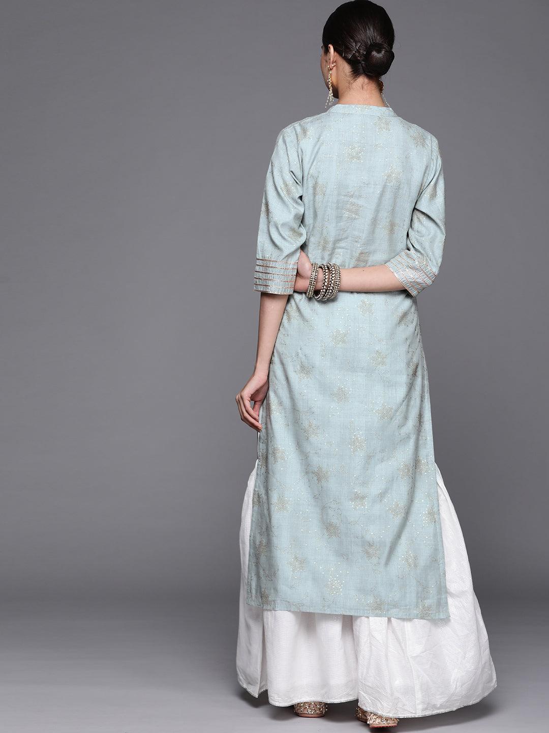 Grey Printed Chanderi Silk Kurta - ShopLibas
