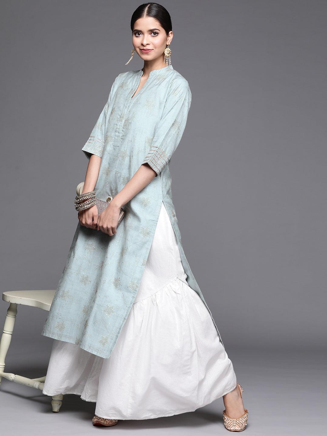 Grey Printed Chanderi Silk Kurta - ShopLibas