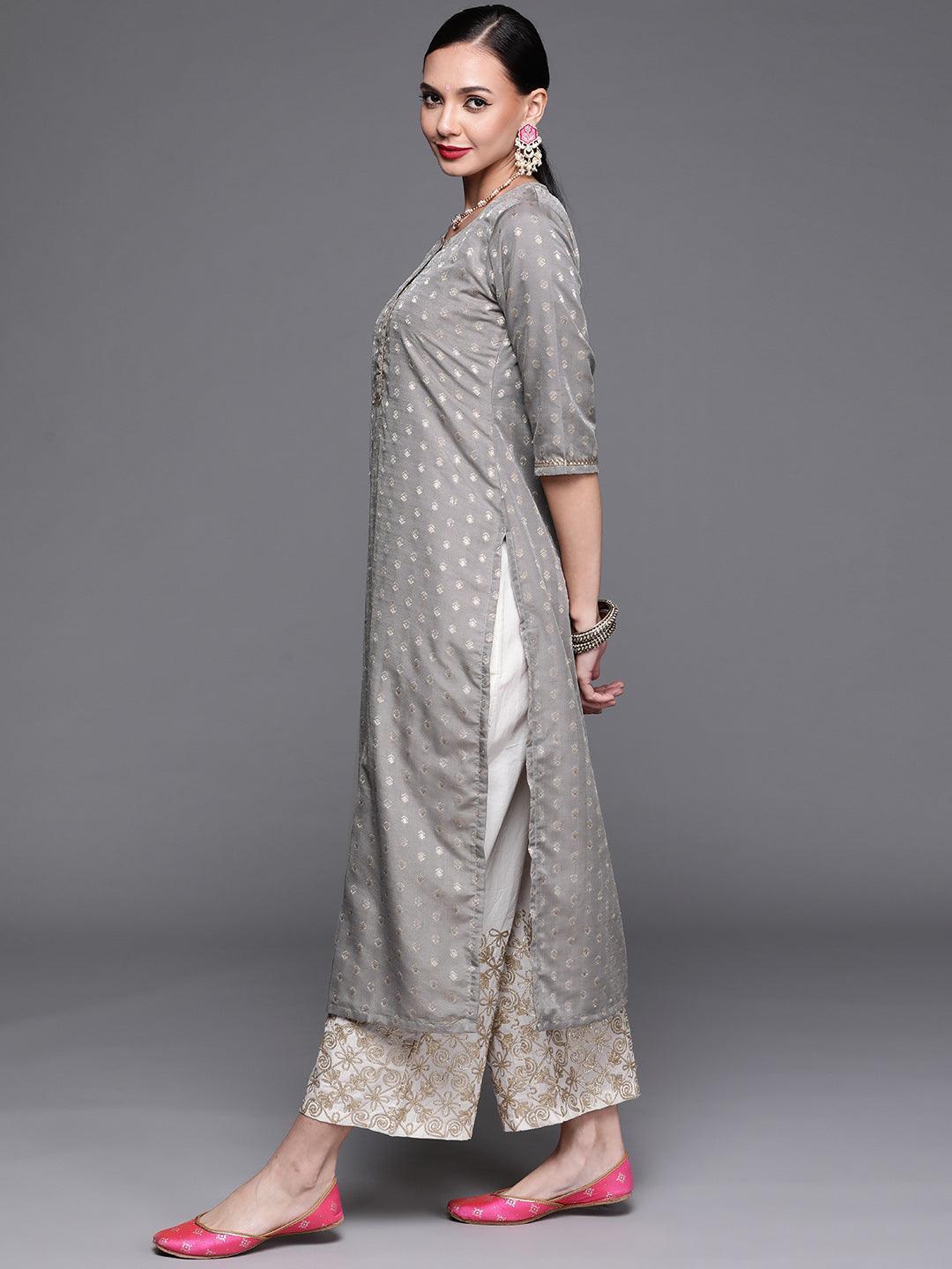 Grey Woven Design Chanderi Silk Kurta - ShopLibas