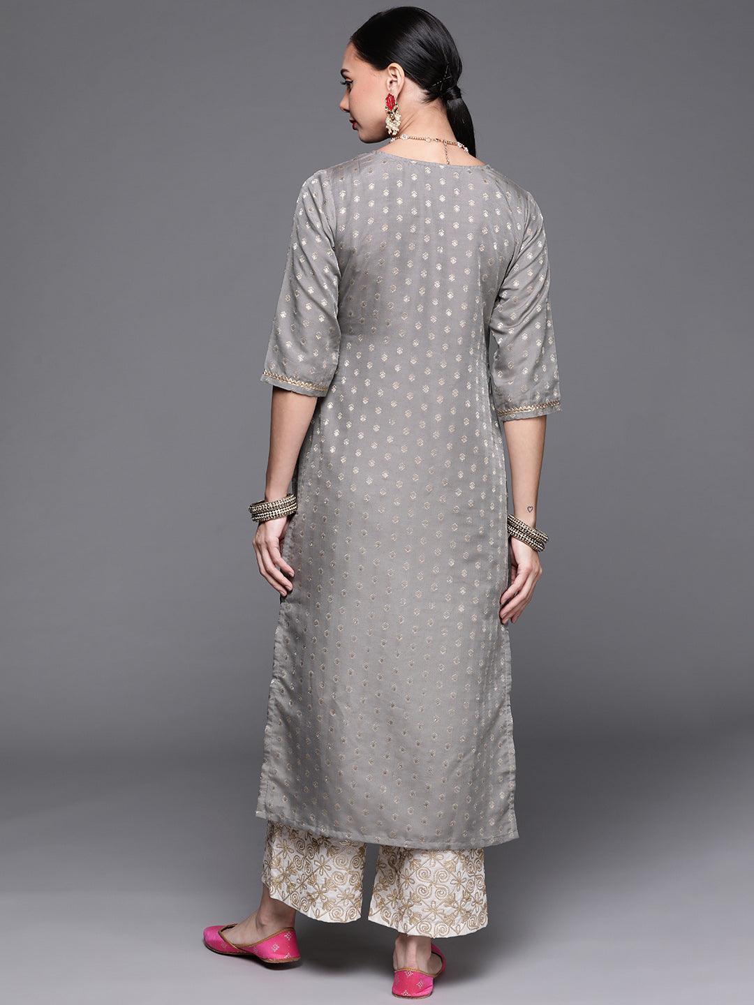 Grey Woven Design Chanderi Silk Kurta - ShopLibas