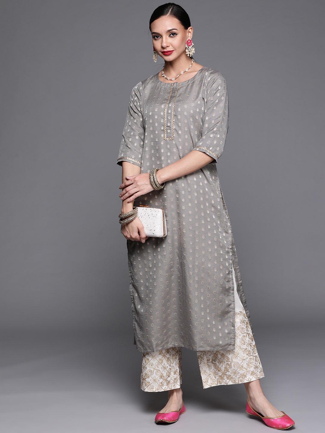 Grey Woven Design Chanderi Silk Kurta - ShopLibas