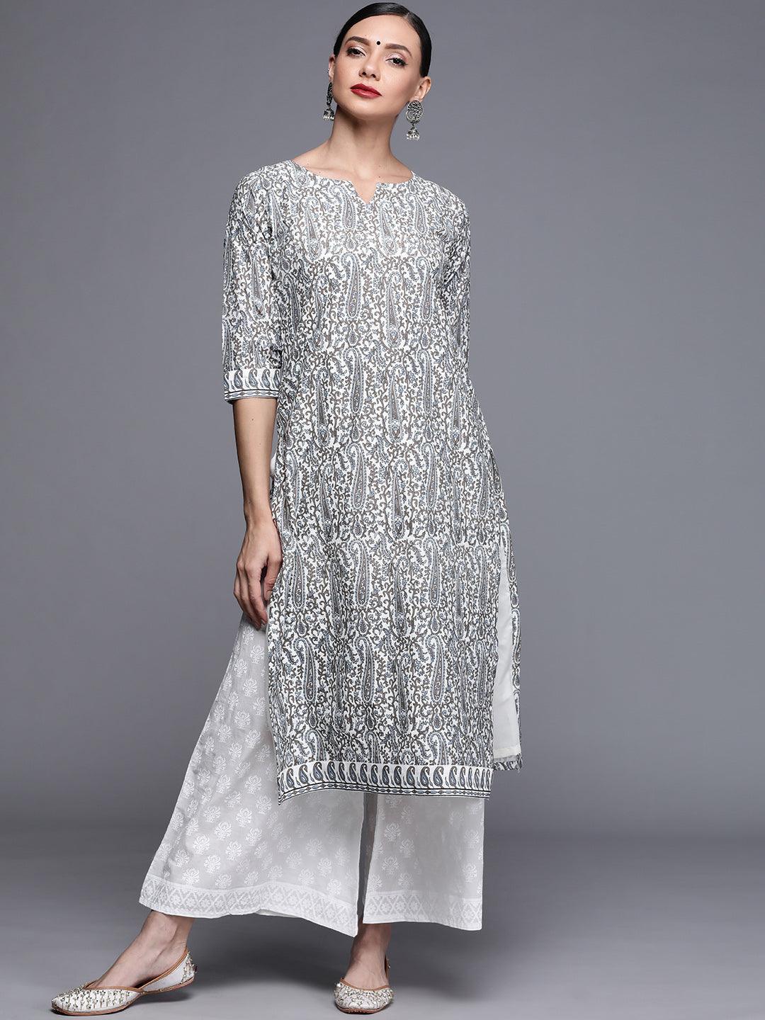 Grey Printed Chanderi Silk Kurta - ShopLibas